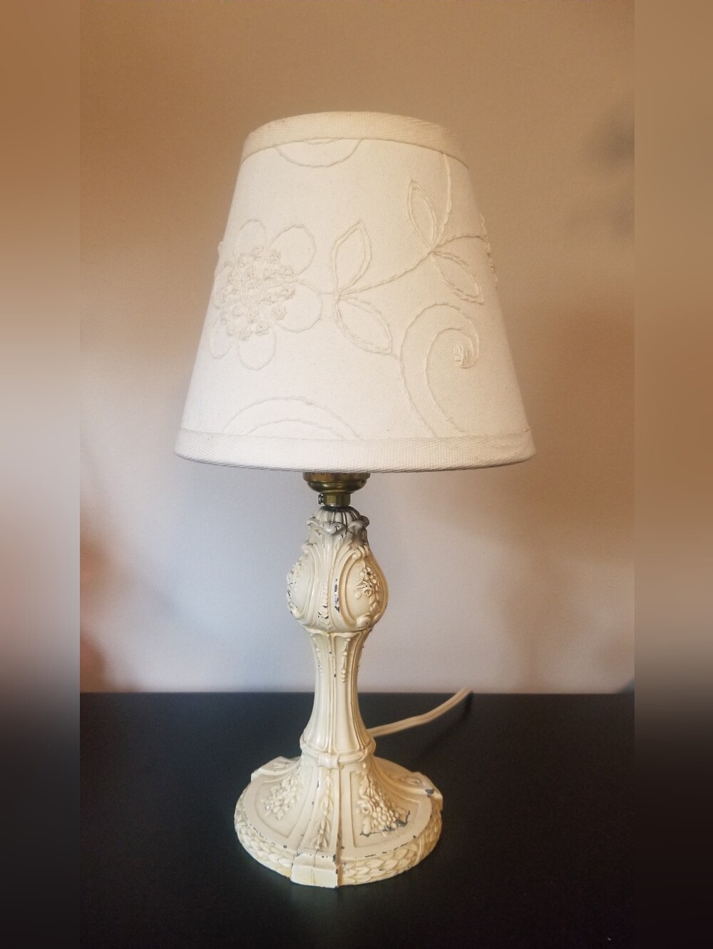 Classic MCM Cast Metal Boudoir Lamp with Crewelwork Tapered Shade